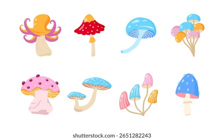 Cogumelos de fantasia Kawaii definem adesivos de vetor de cor pastel. Ideal para arte infantil, perfeito para decoração sazonal, scrapbooking e adesivos de planejador