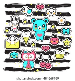 Kawaii fashion chic patches, pins, badges and stickers design set over black stripes background. Isolated vector illustration