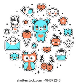 Kawaii fashion chic patches, pins, badges and stickers design set. Isolated vector illustration