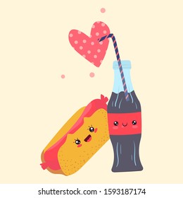 Kawaii fast food couple hotdog and cola, vector illustration. Cute cartoon characters in love, friendship of snack and drink. Smiling hot dog with bottle of cola beverage, street food romantic card