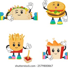 Kawaii Fast Food with Emojis – Cartoon-Style! Vector Illustration