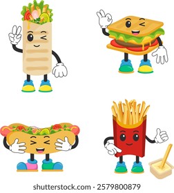 Kawaii Fast Food with Emojis – Cartoon-Style! Vector Illustration. Stickers