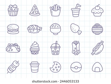 Kawaii fast food icon set. Collection of cute hand drawn food and drink stickers isolated on a checkered background. Vector 10 EPS.
