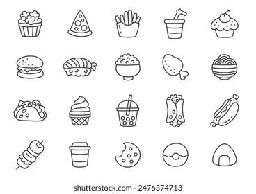 Kawaii fast food icon set. Collection of monochrome hand drawn food and drink stickers isolated on a white background. Vector 10 EPS.