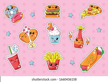 Kawaii Fast Food Stickers with Faces Flat Cartoon Vector Illustration. Smiling and Winking Characters. Pizza, French Fries, Hamburger, Soda Water, Donuts with Glaze, Ice Cream. Junk Eating.
