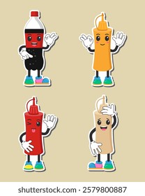 Kawaii Fast Food Stickers – Fun Sauces and Drinks. Vector Illustration