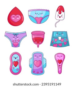 Personajes de higiene femenina de Kawaii. gota de caricatura, bragas, tampón, taza menstrual, toallita femenina. Estilo dibujado a mano. Dibujo de vectores. Colección de elementos de diseño.