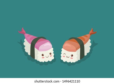 Kawaii Fish and Rice sashimi character faces smiling. Cute cartoon style asian food vector illustration isolated on white background. Japanese traditional dish characters with nori seaweed, seafood.