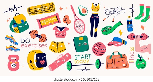 Kawaii of fitness gym inventory elements, sport equipment. Healthy lifestyle concept.