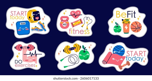 Kawaii fitness stickers inventory, gym accessories, sport equipment design with lettering