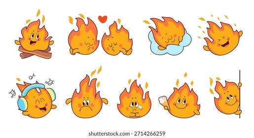 Kawaii flame characters. Isolated fire stickers, cute flames various emotions. Doodle happy fires in love, sleeping, eating listen music, nowaday vector set