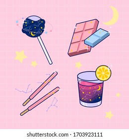 Kawaii Flat Illustrate Galaxy Lollipop Chocolate Bar Pepero And Cocktail Drink On Patel Pink Background