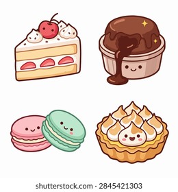 Kawaii flat vector set of four cute desserts: strawberry shortcake, chocolate lava cake, macarons, and lemon meringue tart, arranged in a 2x2 grid on white.