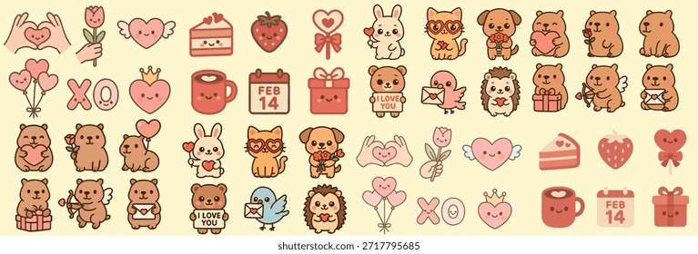Una sábana de Vector plana kawaii muestra personajes beige rosa pastel e íconos del día de San Valentín para pegatinas y redes sociales, juguetón.