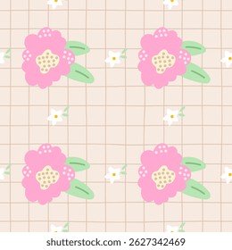 Patrón sin costuras floral kawaii con manzanilla, margaritas y toques de bosque. Ideal para productos para bebés, telas de primavera y Fondos de pantalla de bebé acogedores