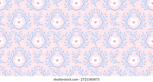 Padrão sem emenda floral de Kawaii com camomila, flores de floresta e tons pastel suave. Ideal para artigos de quarto de crianças, tecidos de mola e estampas decorativas