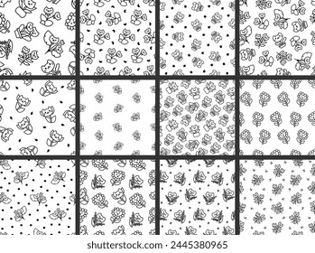 Kawaii flower cat. Seamless pattern. Coloring Page. Cute pet animal cartoon character. Hand drawn style. Vector drawing. Vector drawing. Collection of design ornaments.
