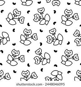 Kawaii flower cat. Seamless pattern. Coloring Page. Cute pet animal cartoon character. Hand drawn style. Vector drawing. Design ornaments.