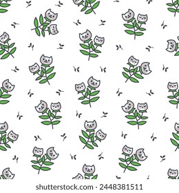 Kawaii flower cat. Seamless pattern. Cute pet animal cartoon character. Hand drawn style. Vector drawing. Design ornaments.