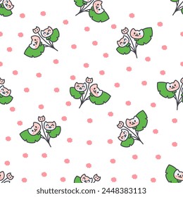 Kawaii flower cat. Seamless pattern. Cute pet animal cartoon character. Hand drawn style. Vector drawing. Design ornaments.