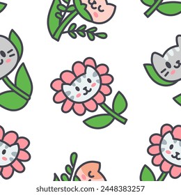 Gato de flores Kawaii. Patrón sin costuras. Personaje lindo de la historieta del animal doméstico. Estilo dibujado a mano. Dibujo de Vector. Diseñar adornos.