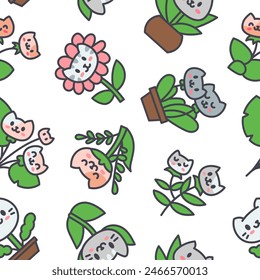 Kawaii flower cat. Seamless pattern. Cute pet animal cartoon character. Hand drawn style. Vector drawing. Design ornaments.
