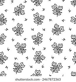 Gato de flores Kawaii. Patrón sin costuras. Página para colorear. Personaje lindo de la historieta del animal doméstico. Estilo dibujado a mano. Dibujo de Vector. Diseñar adornos.
