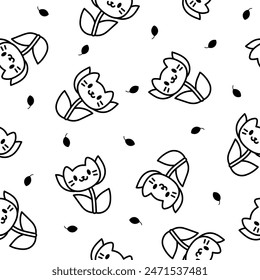 Kawaii flower cat. Seamless pattern. Coloring Page. Cute pet animal cartoon character. Hand drawn style. Vector drawing. Design ornaments.