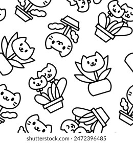 Kawaii flower cat. Seamless pattern. Coloring Page. Cute pet animal cartoon character. Hand drawn style. Vector drawing. Design ornaments.