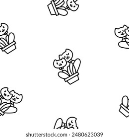 Kawaii flower cat. Seamless pattern. Coloring Page. Cute pet animal cartoon character. Hand drawn style. Vector drawing. Design ornaments.