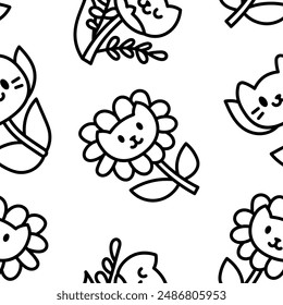 Kawaii flower cat. Seamless pattern. Coloring Page. Cute pet animal cartoon character. Hand drawn style. Vector drawing. Design ornaments.