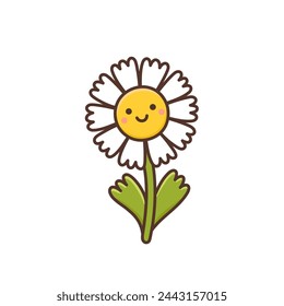 Kawaii flower chamomile. Cute plant with happy smiling face. Funny cartoon character. Summer or spring design element. Kids vector illustration isolated on white background