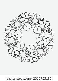 Kawaii flower coloring page for kids, Cute flower coloring book illustration.