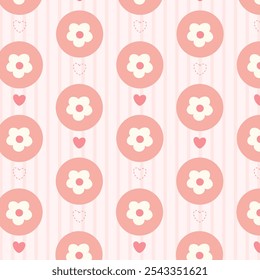 Patrón de flores y corazón Kawaii para tela y Fondo de pantalla. Lindo patrón cuenta con diseños florales lindos con corazones sobre un fondo de rayas de color rosa pastel.