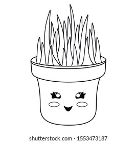 Kawaii flower pot with a cute face and grass growing in it. Grass in a pot with a cute face - vector template for coloring. Outline. Hand drawing.