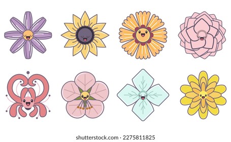 Kawaii flower - traditional japanese flower cartoon set. Cute illustration of cosmos, sakura, hydrangea, lycoris, chrysanthemum, camelia, tokkobana, sunflower