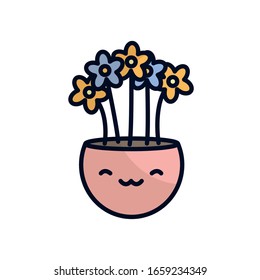 kawaii flowers inside pot flat fill style icon design of Floral nature garden ornament botany decoration beauty and flora theme Vector illustration