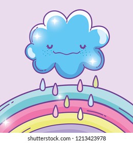 kawaii fluffy cloud raining and rainbow