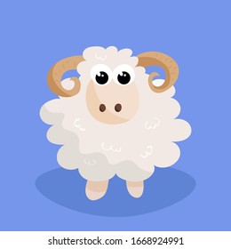 Kawaii fluffy little sheep character vector illustration isolated on blue background. Funny & happy cute cartoon animal. Hand drawn sketch. Textile, postcard, wallpaper, nursery decoration element.