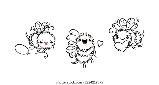 Kawaii Flying Bee with various things. Cartoon isolated on white background. Vector cute doodle lined illustration for colorings