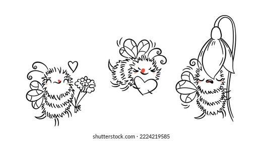 Kawaii Flying Bee con varias cosas. Caricatura aislada sobre fondo blanco. Ilustración con revestimiento de doodle lindo vectorial para colores