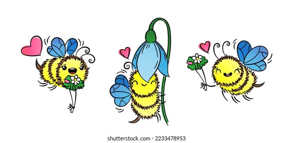 Kawaii Flying Bee with various things. Cartoon isolated on white background. Vector cute doodle illustration