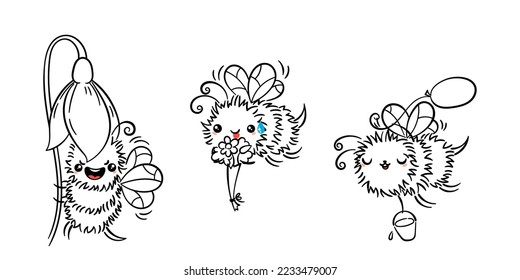 Kawaii Flying Bee with various things. Cartoon isolated on white background. Vector cute doodle lined illustration for colorings