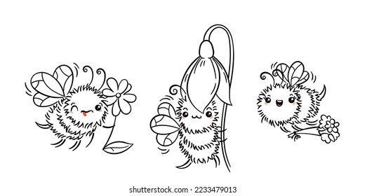 Kawaii Flying Bee con varias cosas. Caricatura aislada sobre fondo blanco. Ilustración con revestimiento de doodle lindo vectorial para colores