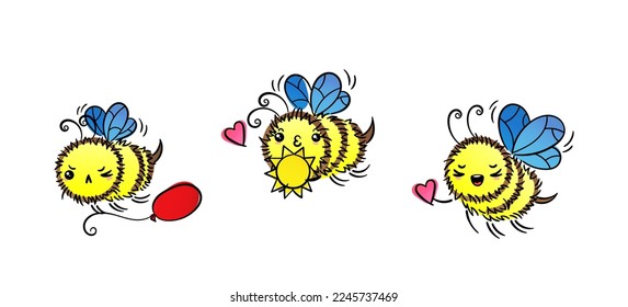 Kawaii Flying Bee with various things. Cartoon isolated on white background. Vector cute doodle illustration