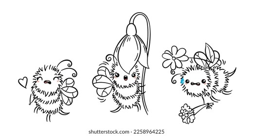 Kawaii Fliegender Bier mit verschiedenen Dingen. Cartoon einzeln auf weißem Hintergrund. Vektorcute doodle-ausgekleidete Illustration für Farben