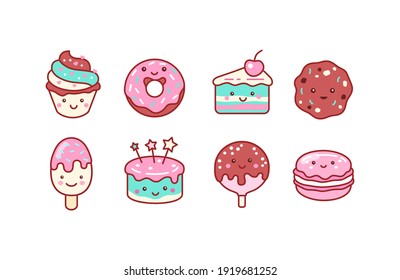 Kawaii Food - Bakery Cartoon Set, Cute Yummy Pastries Illustration, Cake, Donut, Ice Cream, Cake Pop