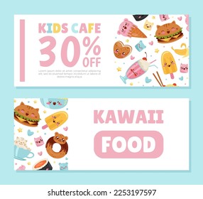 Kawaii Food Banner Design with Tasty Meal with Cute Faces Vector Template