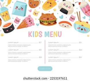 Kawaii Food Banner Design with Tasty Meal with Cute Faces Vector Template