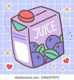 Kawaii food of blueberry juice box drink. Vector hand drawn cute cartoon character illustration logo icon. Cute Japan anime, manga style concept design